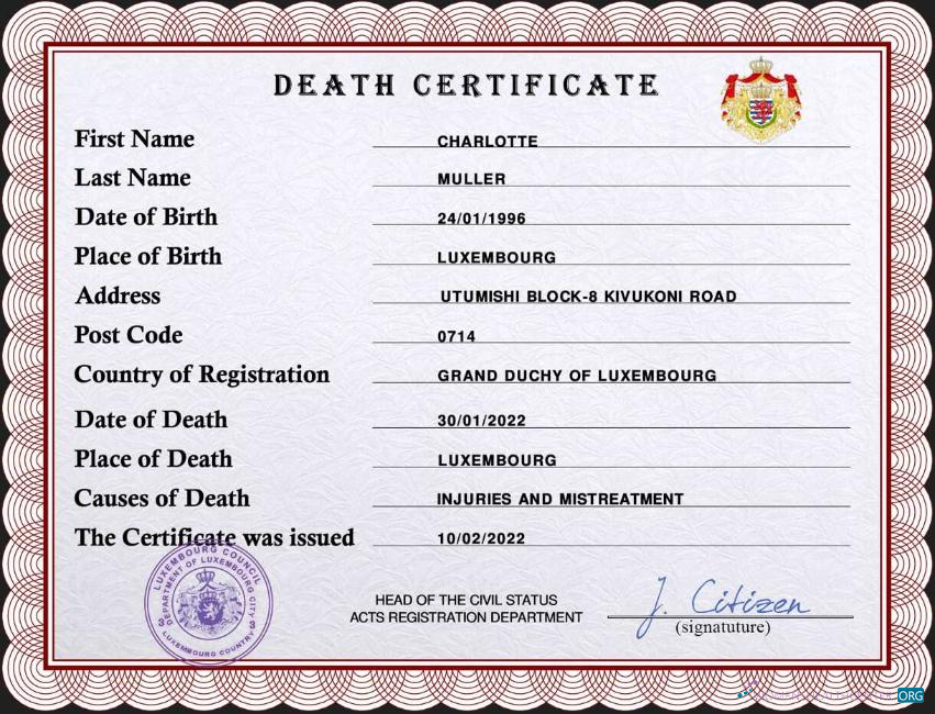 Download Luxembourg vital record death certificate PSD template Photoshop template